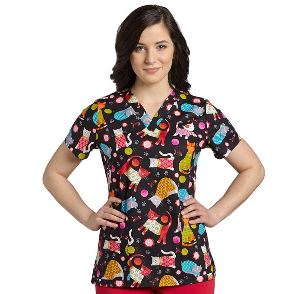 Printed Scrub Top Cats Wearing Sweaters